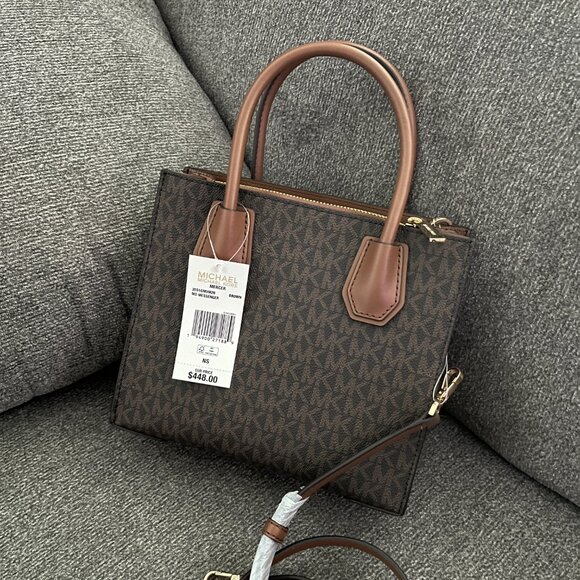 MICHAEL KORS MERCER MEDIUM MESSENGER CROSSBODY SATCHEL BAG MK BROWN SIGNATURE - Picture 3 of 10